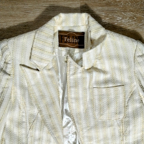 Vintage Feline Blazer Medium Ivory Shimmer Stripe Coquette Dollette Ruffle Y2K - Picture 6 of 10